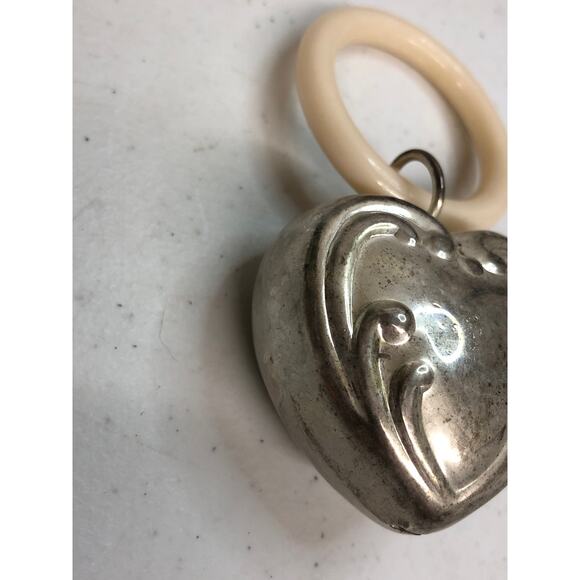 Vintage 1950's Silver Plated Puffy Heart Baby Rattle on Plastic Ring - Picture 3 of 4